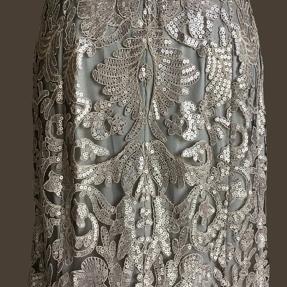 Tadashi Shoji Gown Size 8 Tan/Gold Lace Lined Cap Sleeve Wedding Formal Event